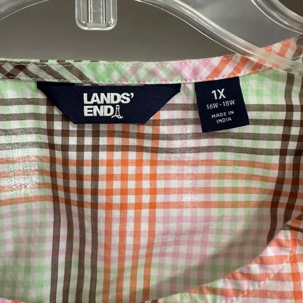 Lands End 1X‎ Plaid Tunic Top Long Sleeve Pink Lace Trim Button Keyhole Prairie - Picture 7 of 8